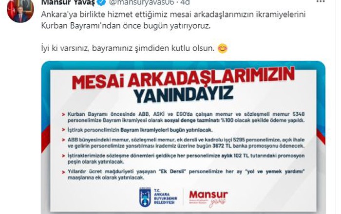 Mansur Yavaş'tan Büyükşehir Çalışanlarına Bayram Müjdesi